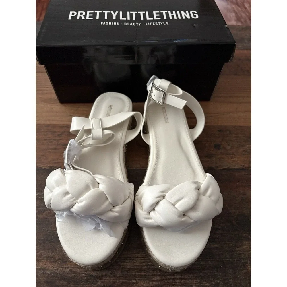 PrettyLittleThing White PU Plait Detail Strappy Espadrille Sandals Size 8 NEW